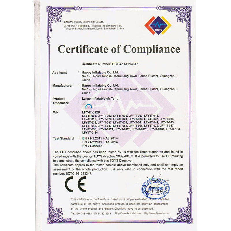 EN71-Zertifikat für aufblasbares Zelt