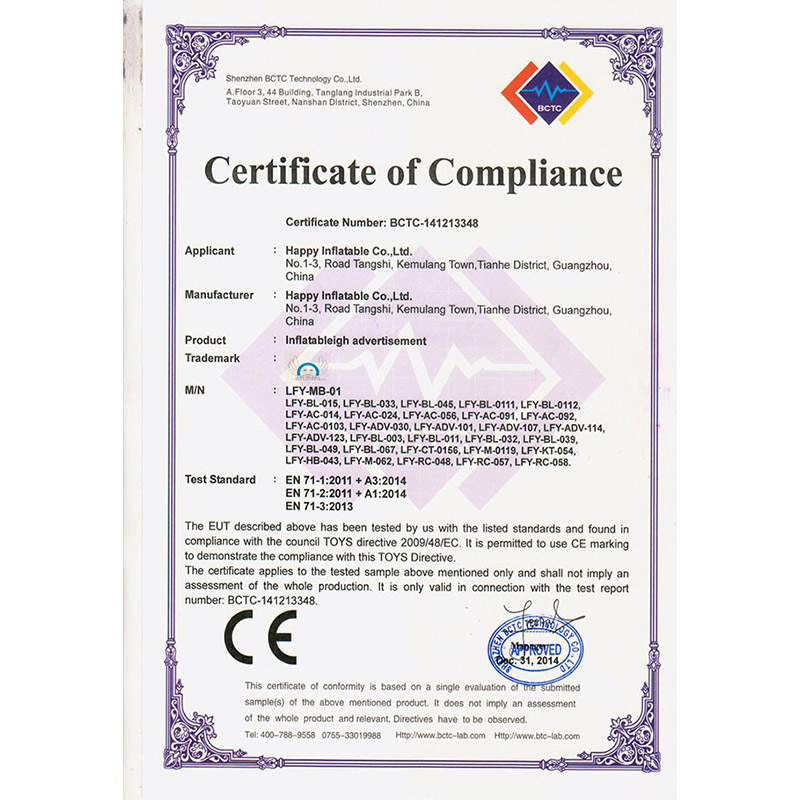 EN71-Zertifikat für aufblasbare Werbeartikel