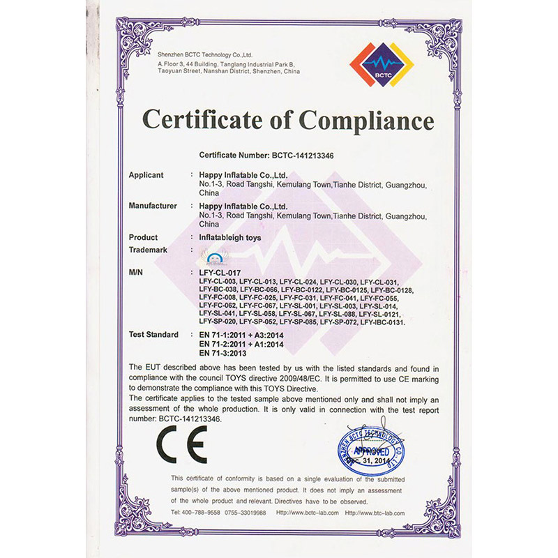 EN71-Zertifikat für aufblasbares Spielzeug