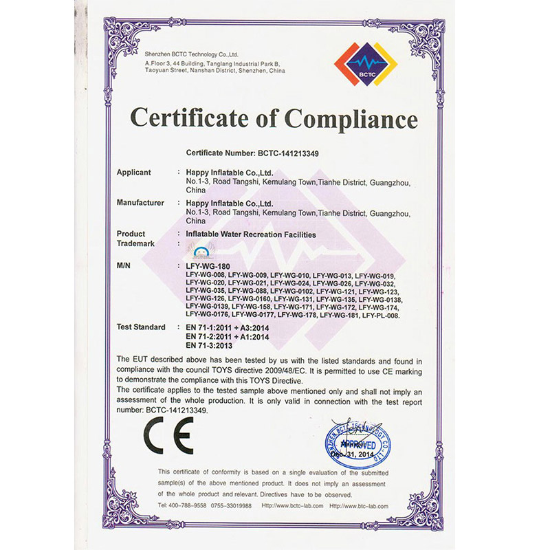 EN71-Zertifikat für aufblasbares Wasserspielzeug